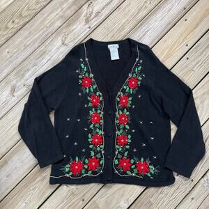 B.P. Design Women's Vintage Holiday Sweater Poinsettia Embroidered Size XL